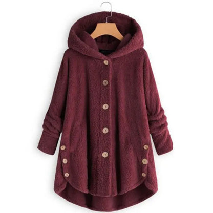 Women's Plush Round Neck Winter Coat – Thick Warm Button-Front Jacket with Asymmetric Hem