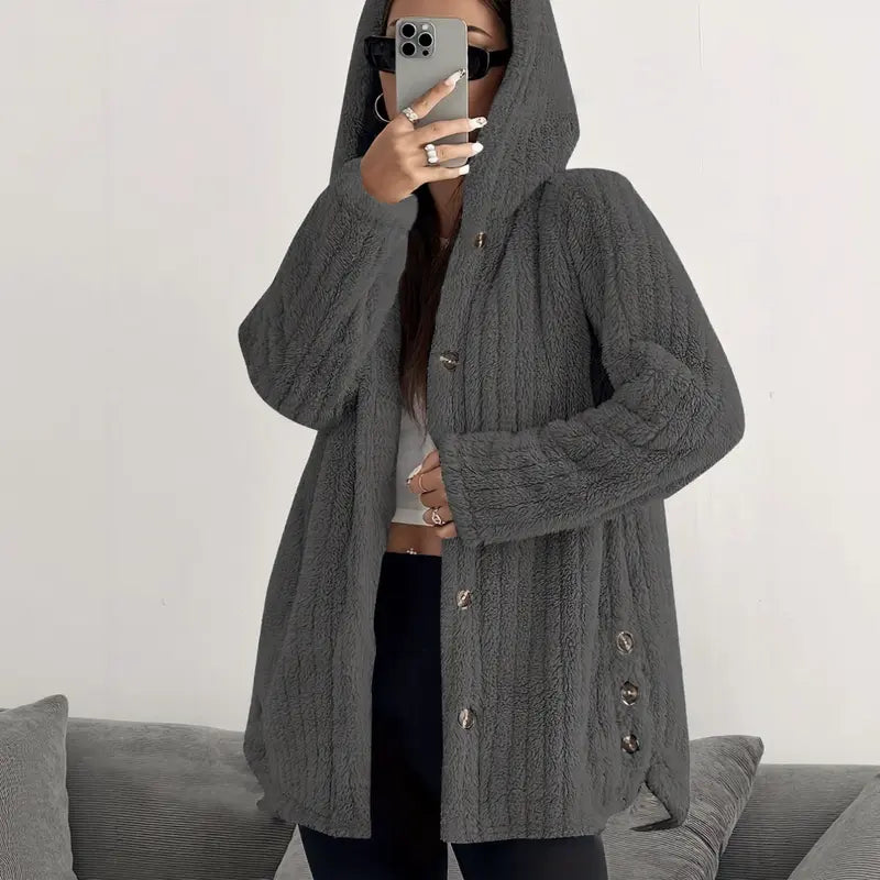 Women's Hooded Teddy Fleece Cardigan Jacket – Mid-Length Plush Coat with Button Front & Side Slits, Relaxed Fit Fall/Winter Outerwear