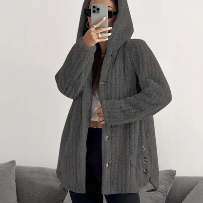 Women's Hooded Teddy Fleece Cardigan Jacket – Mid-Length Plush Coat with Button Front & Side Slits, Relaxed Fit Fall/Winter Outerwear