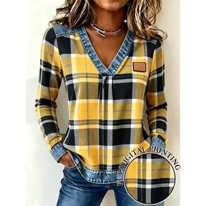 Colorblock Plaid V-Neck Long Sleeve Top — Faux Denim Patchwork Print, S–6XL