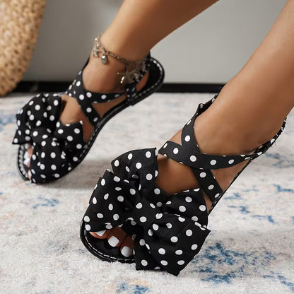Vintage Polka Dot Large Bow Flat Sandals