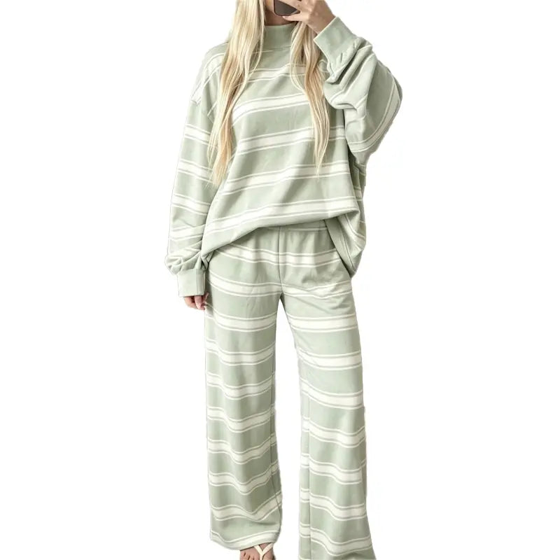 Women's Striped 2 Piece Set – Oversized Mock Neck Top & Wide Leg Pants