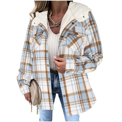 Women's Plaid Shacket Jacket - Hooded & Warm