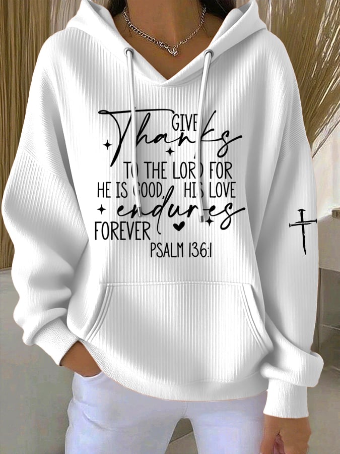 Women'S Give Thanks to the Lord Psalm 136:1 Printed Hoodie Sweatshirt