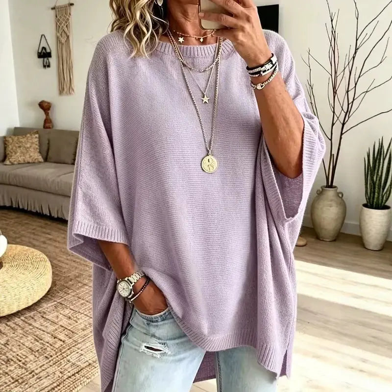 Women's Loose Fit Crew Neck Knit Sweater – Lightweight Solid Color Casual Top