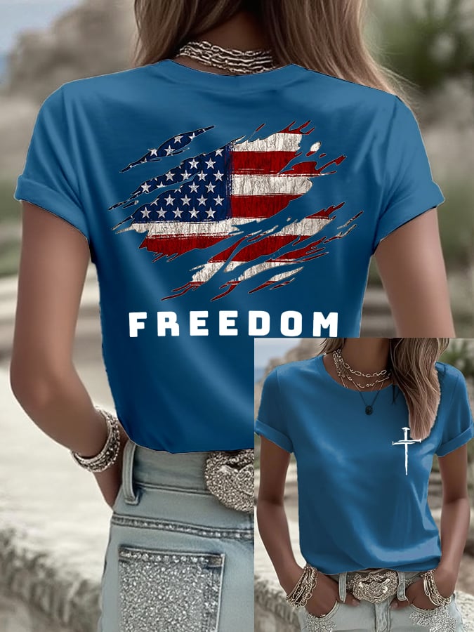 Women's Freedom American Flag Printed Casual T-Shirt