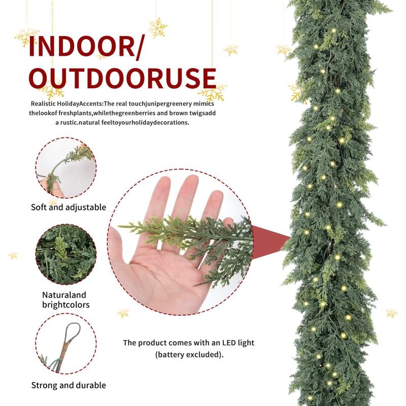 2PCS 6FT Pre-lit Christmas Cedar Garland with  LED Lights Realistic Faux Greenery for Fireplace Table Mantle Wall Indoor Outdoor Winter Holiday Decorations Ornaments