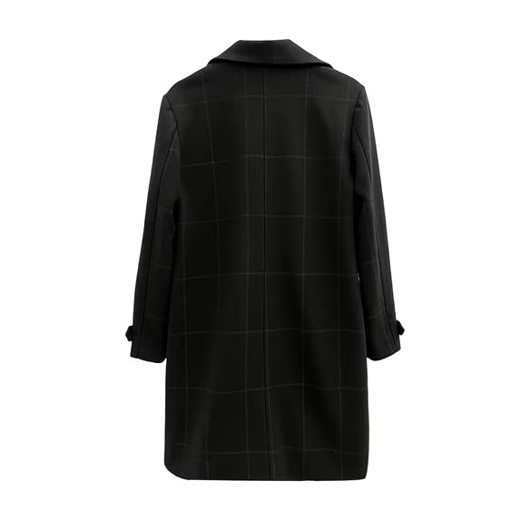 Women's Plaid Wool Blend Trench Coat – Windproof Notch Lapel Mid-Length Overcoat