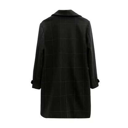 Women's Plaid Wool Blend Trench Coat – Windproof Notch Lapel Mid-Length Overcoat