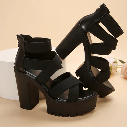 Black Chunky Heel Sandals With Strappy Design