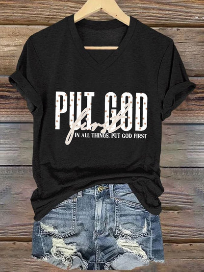 Women's Casual Christian Faith Graphic Print V-Neck Short Sleeve T-Shirt