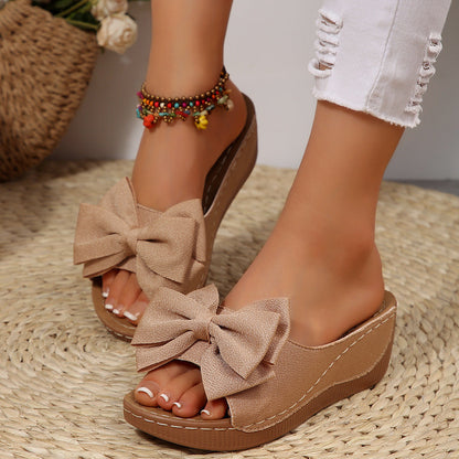 Women’s Liora Bow Flower Platform Wedge Slide Sandals – Peep-Toe Wide Strap Summer Slides