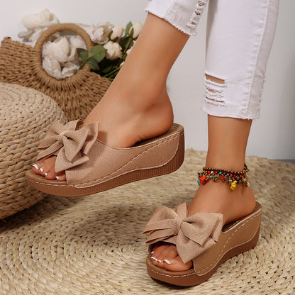 Women’s Liora Bow Flower Platform Wedge Slide Sandals – Peep-Toe Wide Strap Summer Slides