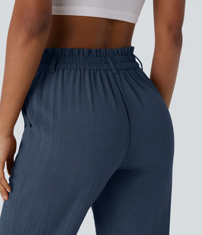 High Waisted Button Zipper Side Pocket Capri Resort Linen-Feel Pants