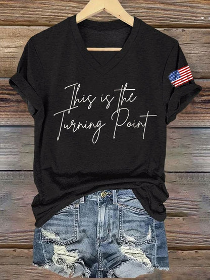 V-Neck Retro This Is The Turning Point Print T-Shirt