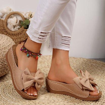 Women’s Liora Bow Flower Platform Wedge Slide Sandals – Peep-Toe Wide Strap Summer Slides