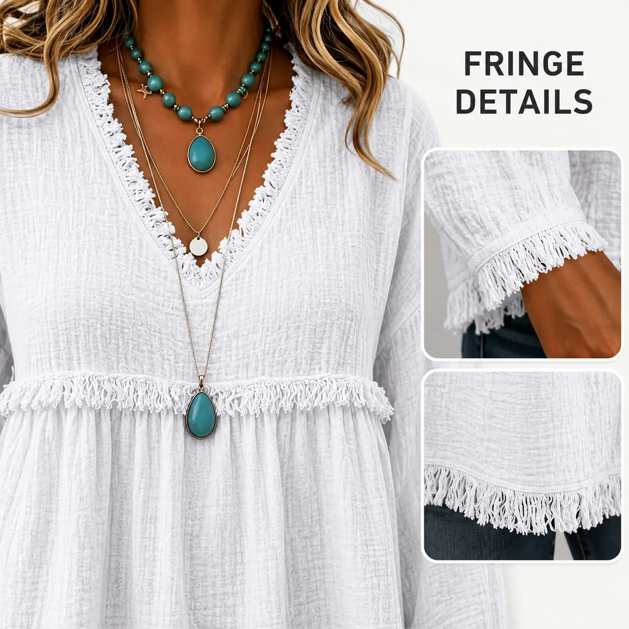 Women’s Boho V Neck Long Sleeve Fringe Top Plus Size S-3XL