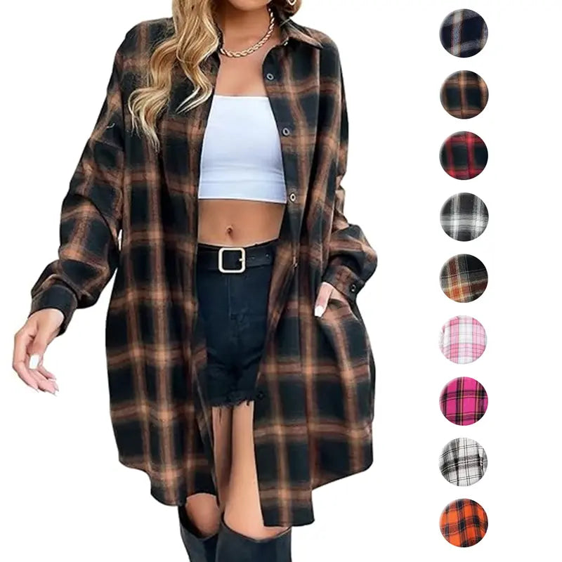 Women's Plaid Flannel Shacket — Button-Down Collared Long Jacket