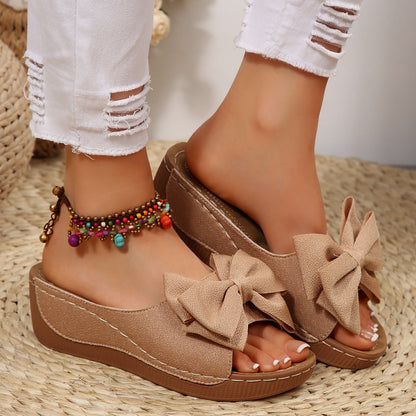 Women’s Liora Bow Flower Platform Wedge Slide Sandals – Peep-Toe Wide Strap Summer Slides
