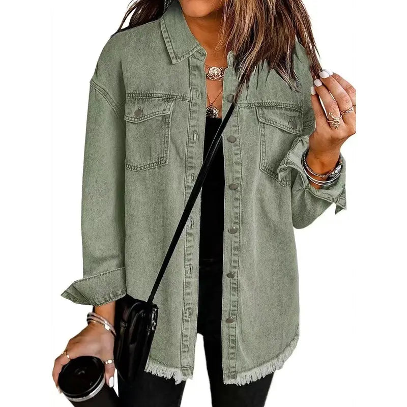 Washed Denim Shirt Jacket — Oversized Frayed-Hem Denim Overshirt