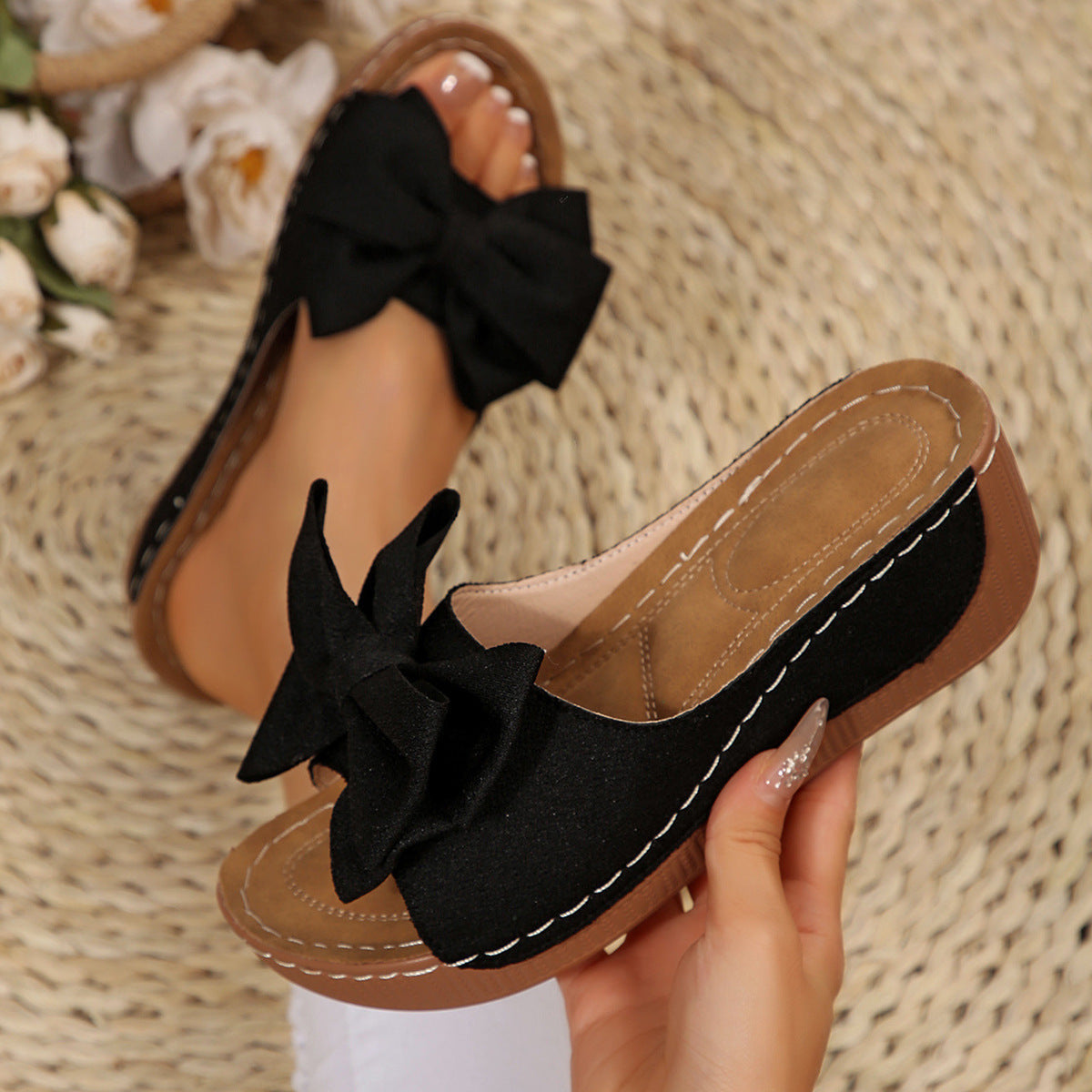 Women’s Liora Bow Flower Platform Wedge Slide Sandals – Peep-Toe Wide Strap Summer Slides
