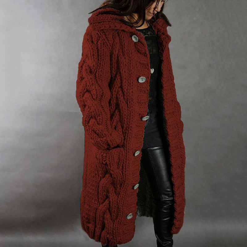 Women's Oversized Cable Knit Hooded Long Cardigan – Button-Front Sweater Coat, Plus Size S–5XL