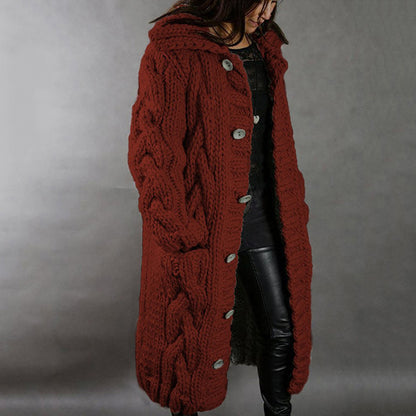 Women's Oversized Cable Knit Hooded Long Cardigan – Button-Front Sweater Coat, Plus Size S–5XL