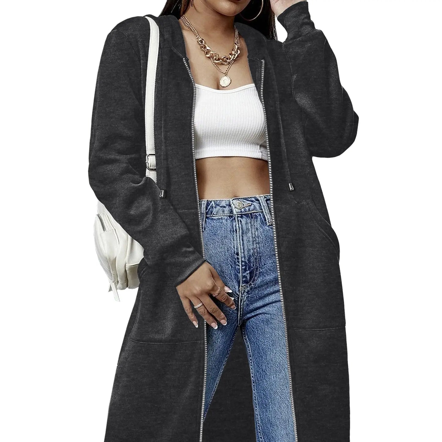Women's Long Fleece Hoodie Tunic Jacket