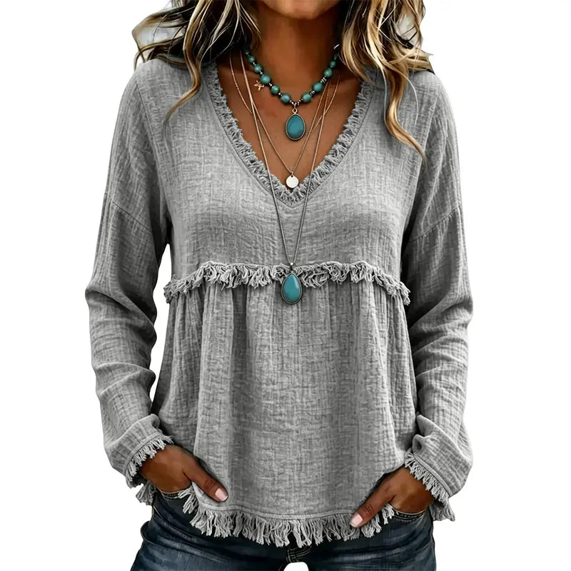 Women’s Boho V Neck Long Sleeve Fringe Top Plus Size S-3XL