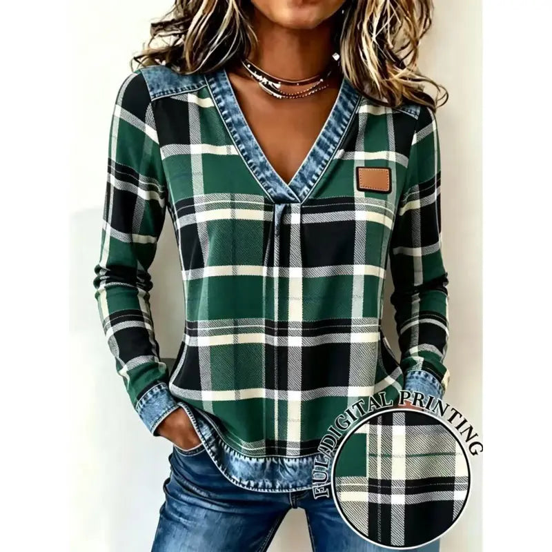 Colorblock Plaid V-Neck Long Sleeve Top — Faux Denim Patchwork Print, S–6XL