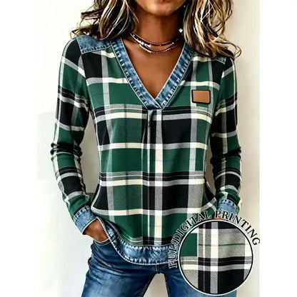 Colorblock Plaid V-Neck Long Sleeve Top — Faux Denim Patchwork Print, S–6XL