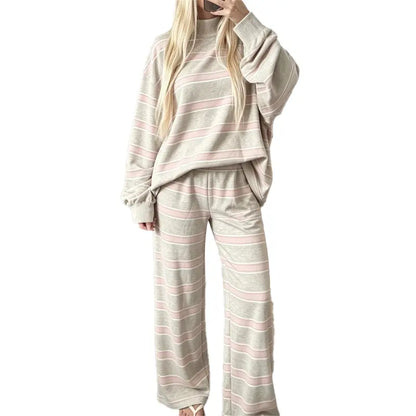 Women's Striped 2 Piece Set – Oversized Mock Neck Top & Wide Leg Pants