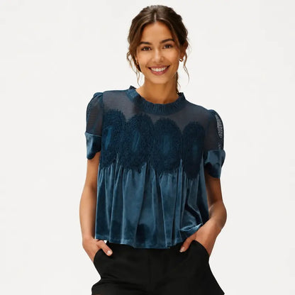 Velvet & Sheer Lace Short Sleeve Top for Women – Flowy Crewneck Swing Blouse