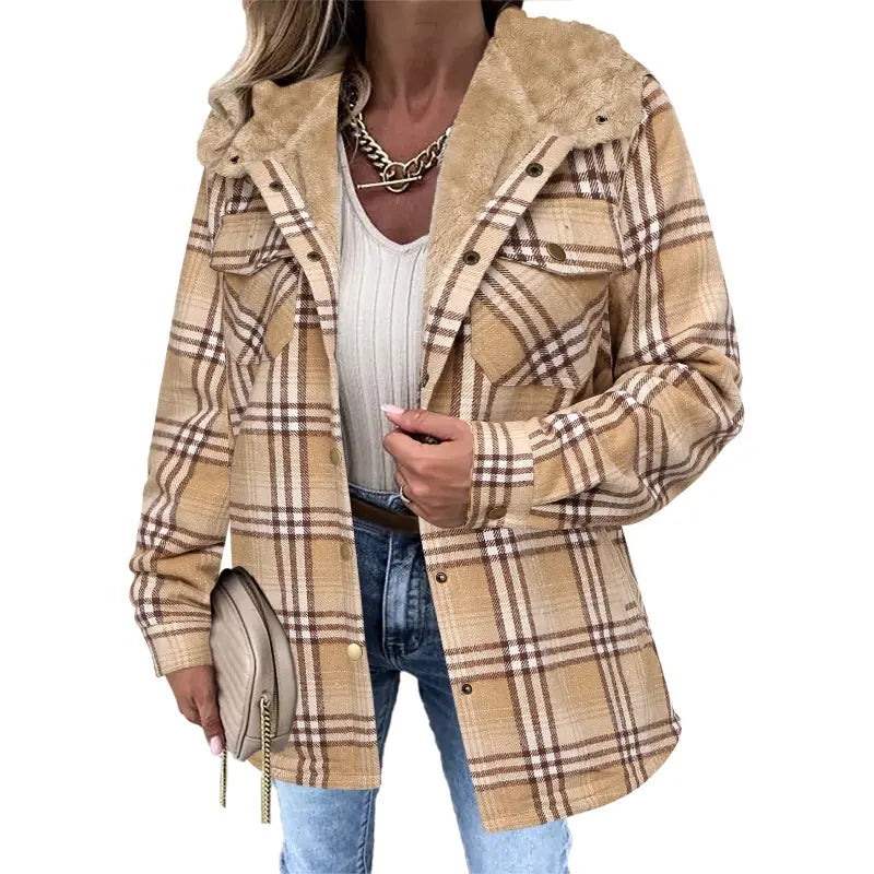 Women's Plaid Shacket Jacket - Hooded & Warm