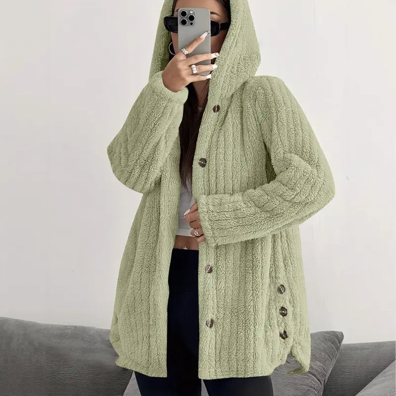 Women's Hooded Teddy Fleece Cardigan Jacket – Mid-Length Plush Coat with Button Front & Side Slits, Relaxed Fit Fall/Winter Outerwear
