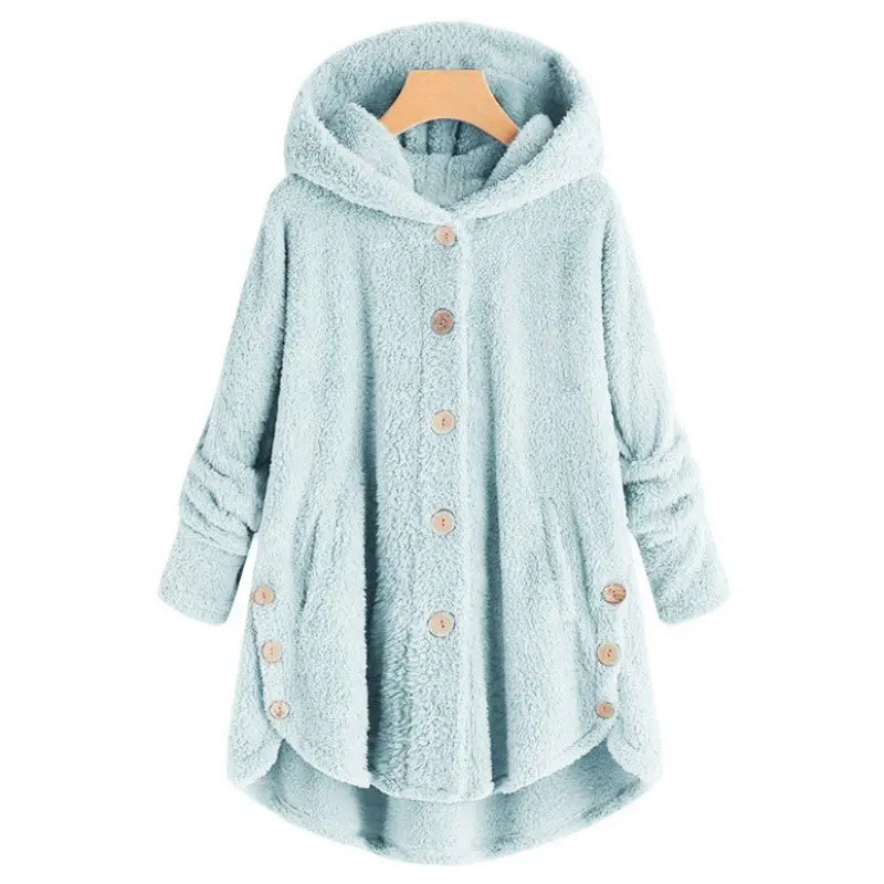 Women's Plush Round Neck Winter Coat – Thick Warm Button-Front Jacket with Asymmetric Hem