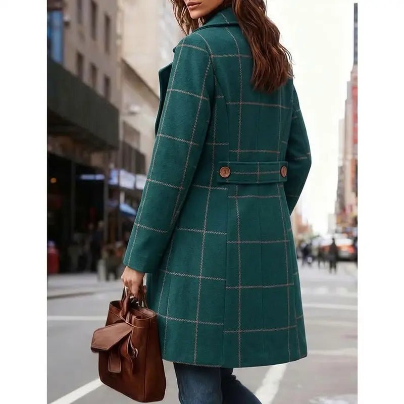 Women's Plaid Wool Blend Trench Coat – Windproof Notch Lapel Mid-Length Overcoat