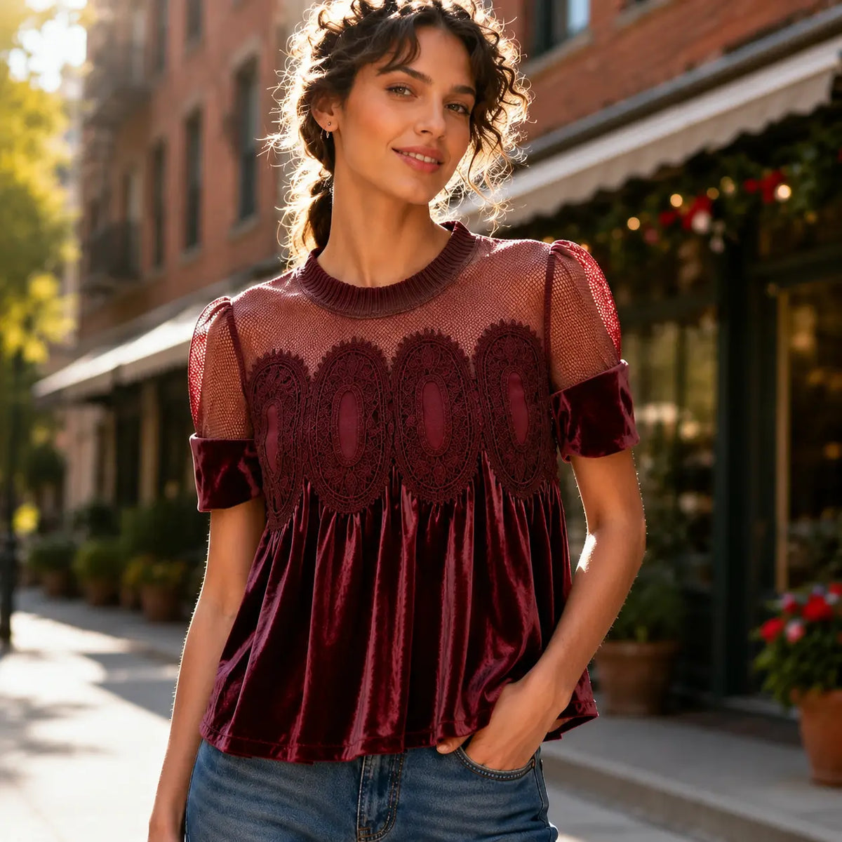 Velvet & Sheer Lace Short Sleeve Top for Women – Flowy Crewneck Swing Blouse