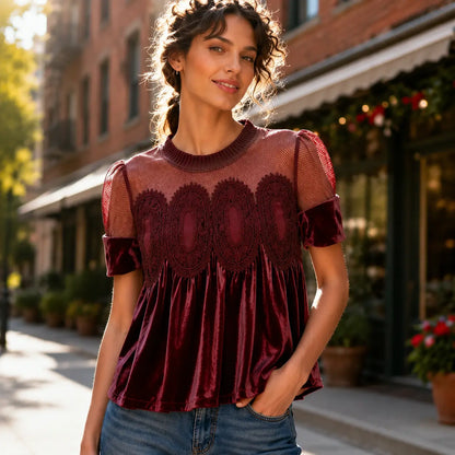 Velvet & Sheer Lace Short Sleeve Top for Women – Flowy Crewneck Swing Blouse