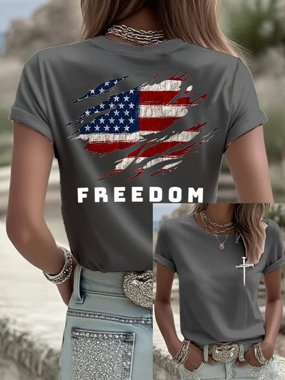 Women's Freedom American Flag Printed Casual T-Shirt