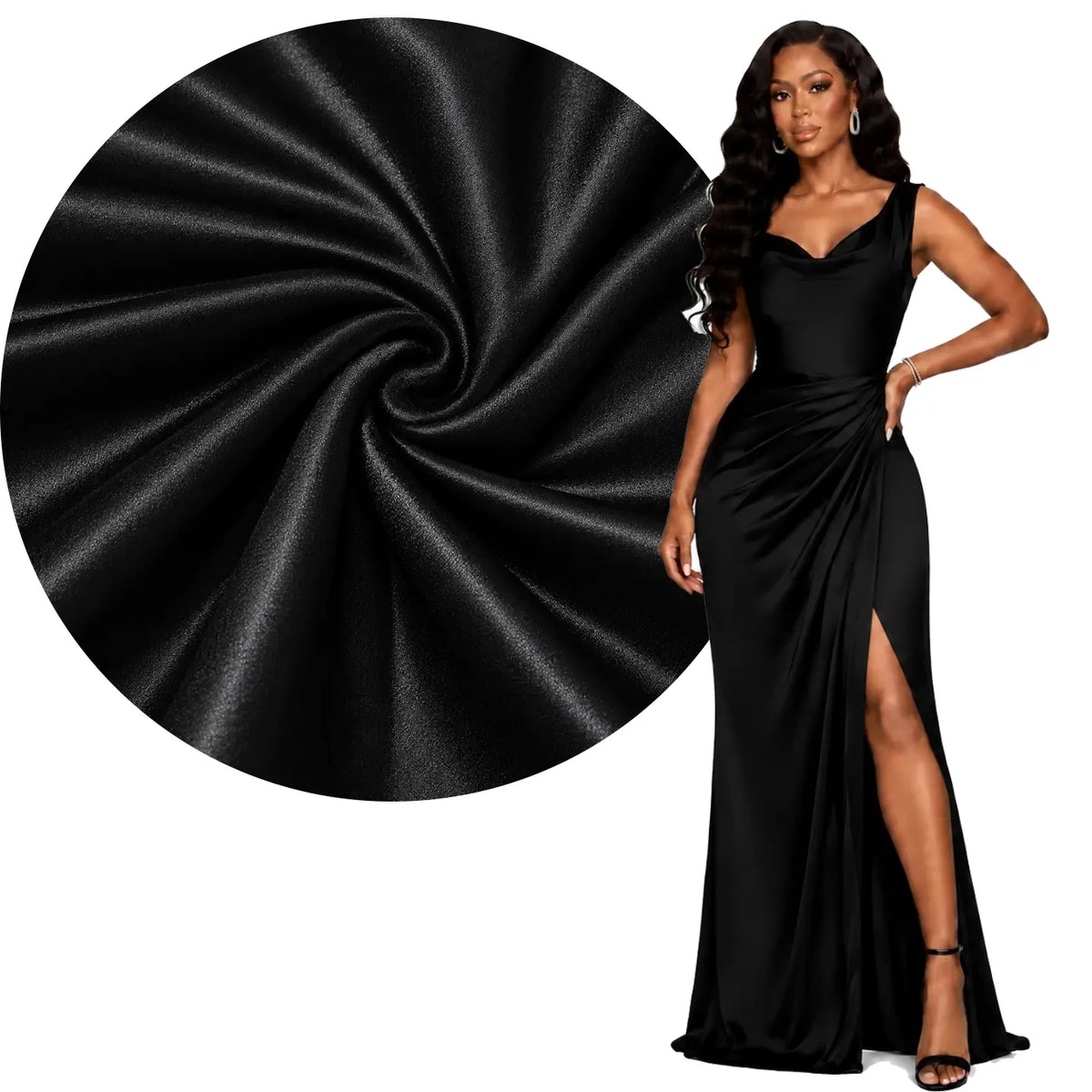 Cowl Neck Satin Maxi Dress with High Slit – Ruched Bodycon Evening Gown