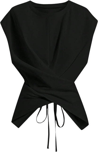 Cinched Wrap Top — Cap Sleeve Tie-Back Blouse