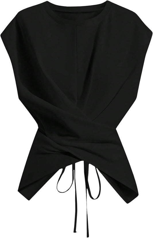 Cinched Wrap Top — Cap Sleeve Tie-Back Blouse