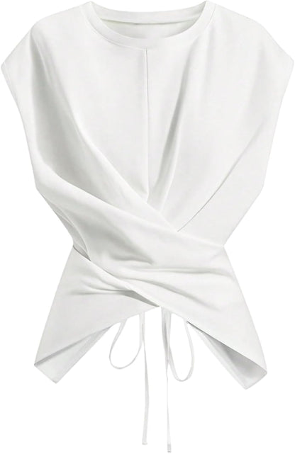 Cinched Wrap Top — Cap Sleeve Tie-Back Blouse