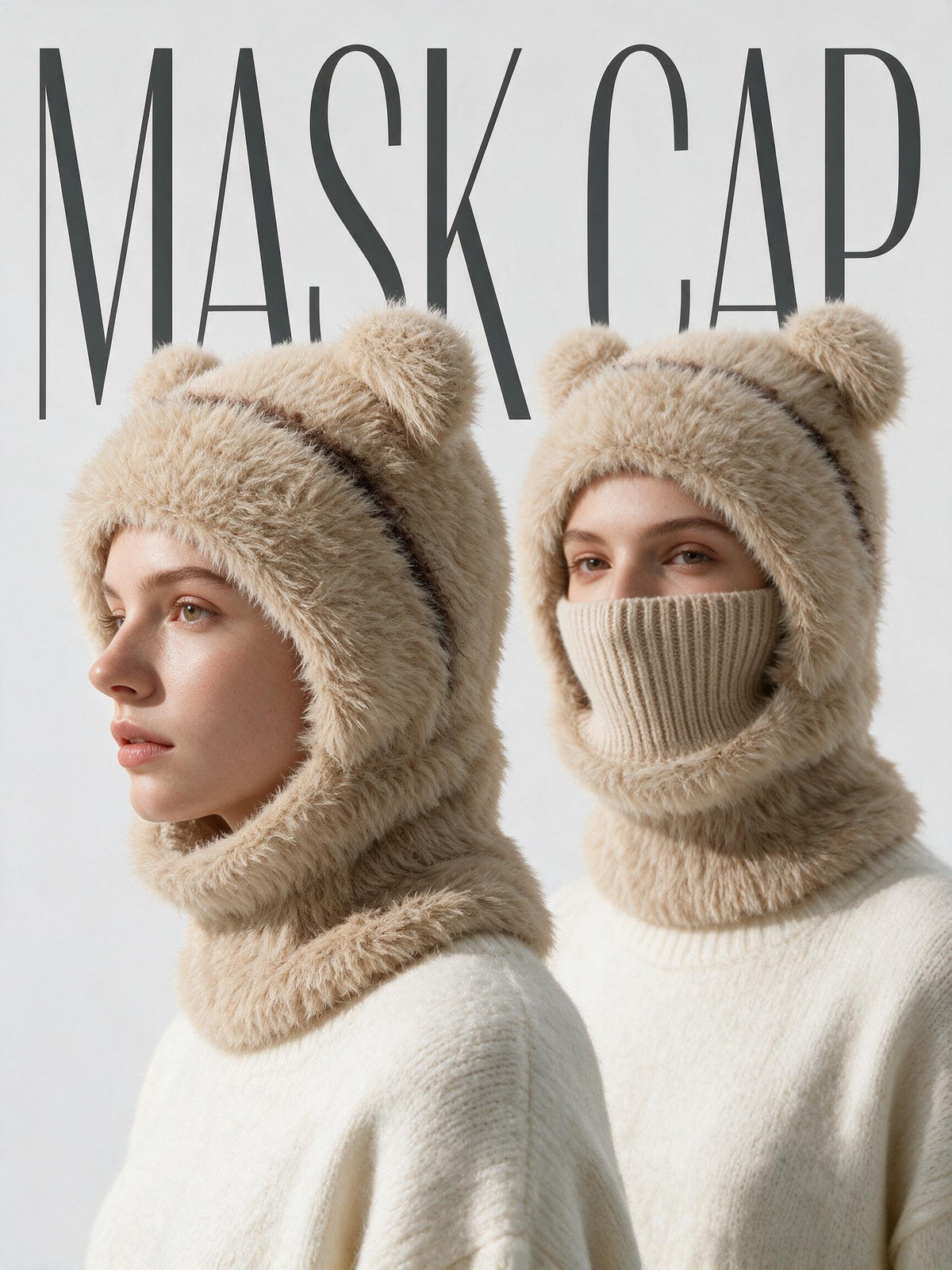 Bear Ear Balaclava Beanie – Soft Knit Winter Hat with Face & Neck Cover