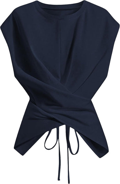 Cinched Wrap Top — Cap Sleeve Tie-Back Blouse