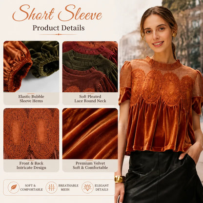 Velvet & Sheer Lace Short Sleeve Top for Women – Flowy Crewneck Swing Blouse