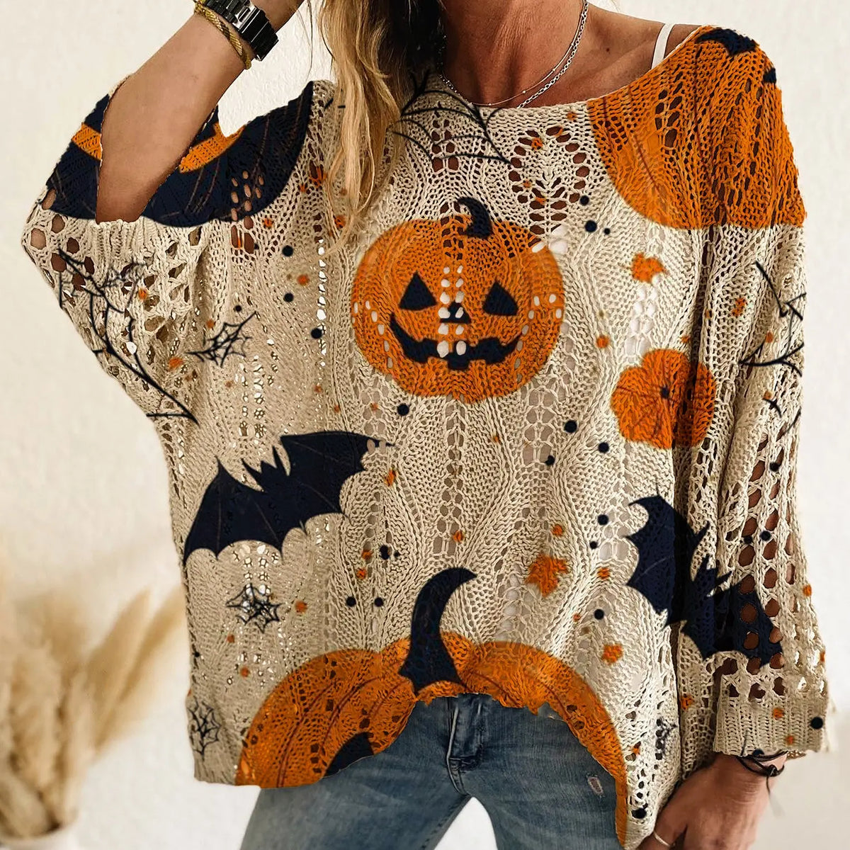 Women's Halloween Pumpkin-Bat Knit Pullover Sweater