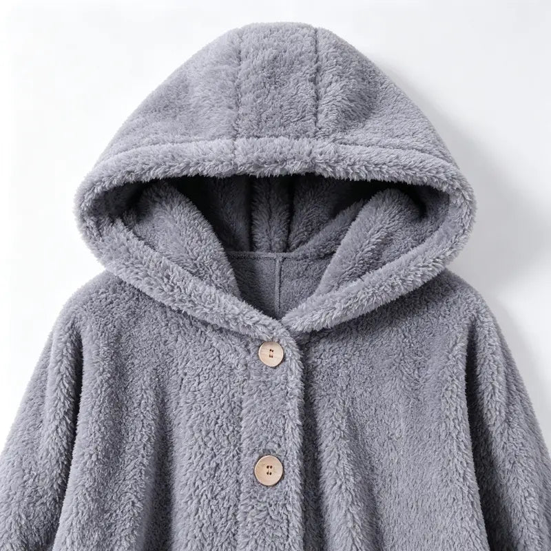 Women's Plush Round Neck Winter Coat – Thick Warm Button-Front Jacket with Asymmetric Hem