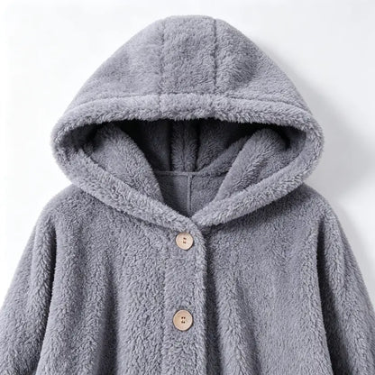 Women's Plush Round Neck Winter Coat – Thick Warm Button-Front Jacket with Asymmetric Hem